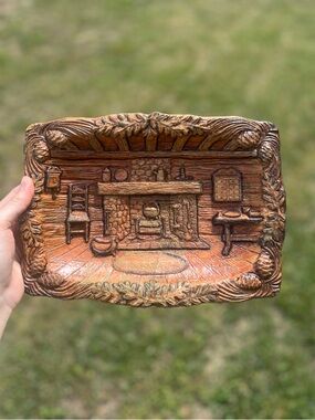 ☾ Vintage carved fireplace scene resin wood tray